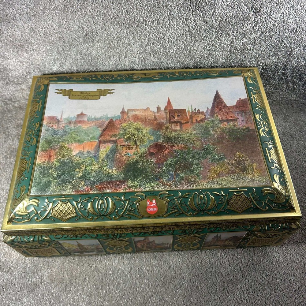 Lebkuchen Schmidt Tin Green Gold Nuremberg City Scenes Collectible